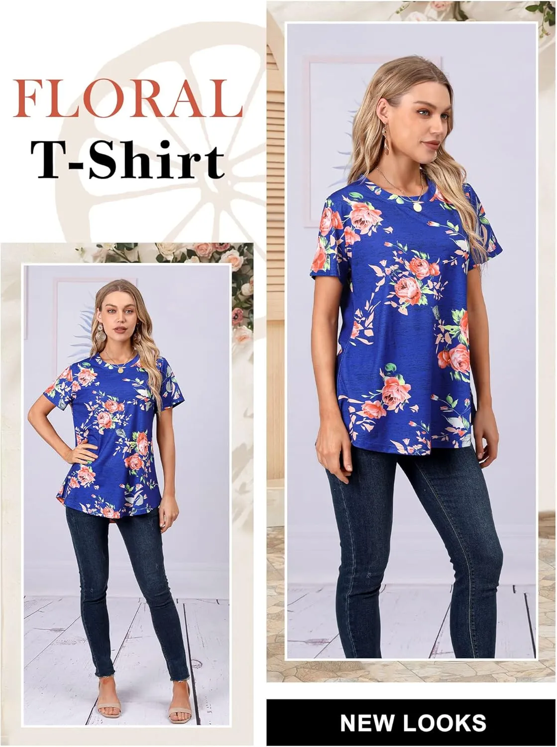 Ezcosplay Womens Round Neck Short Sleeve Tunics Floral Print Asymmetric Hem Shirt Tops