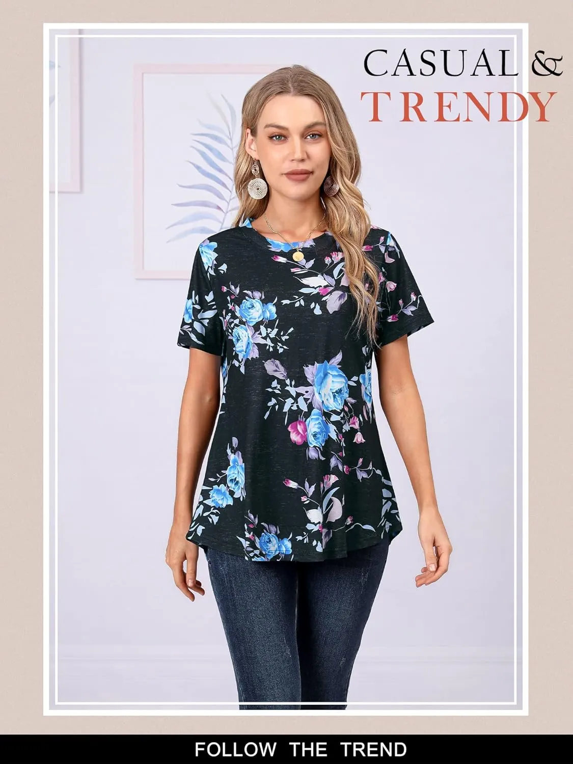 Ezcosplay Womens Round Neck Short Sleeve Tunics Floral Print Asymmetric Hem Shirt Tops