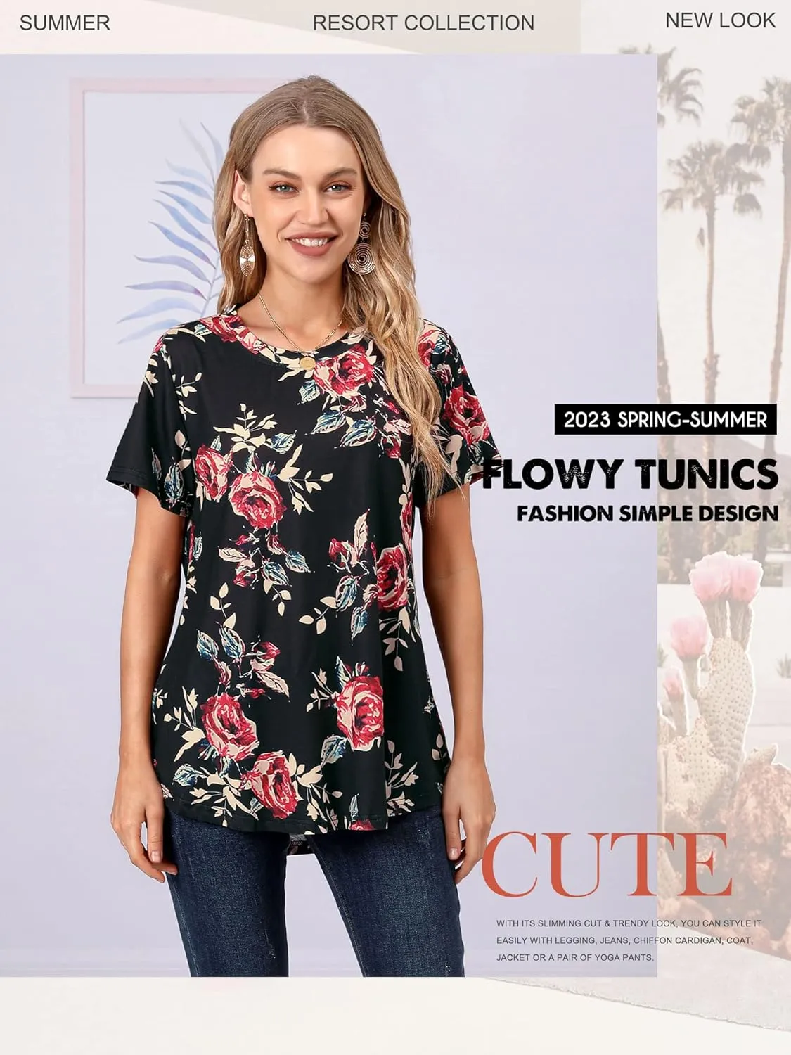 Ezcosplay Womens Round Neck Short Sleeve Tunics Floral Print Asymmetric Hem Shirt Tops