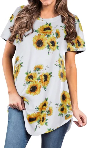Ezcosplay Womens Round Neck Short Sleeve Tunics Floral Print Asymmetric Hem Shirt Tops