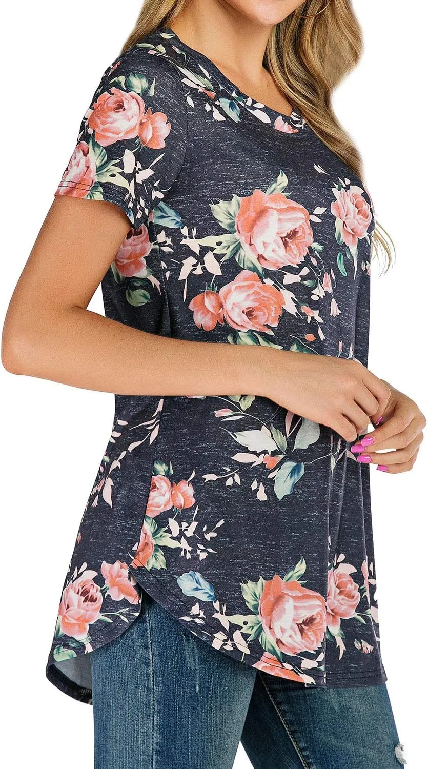 Ezcosplay Womens Round Neck Short Sleeve Tunics Floral Print Asymmetric Hem Shirt Tops