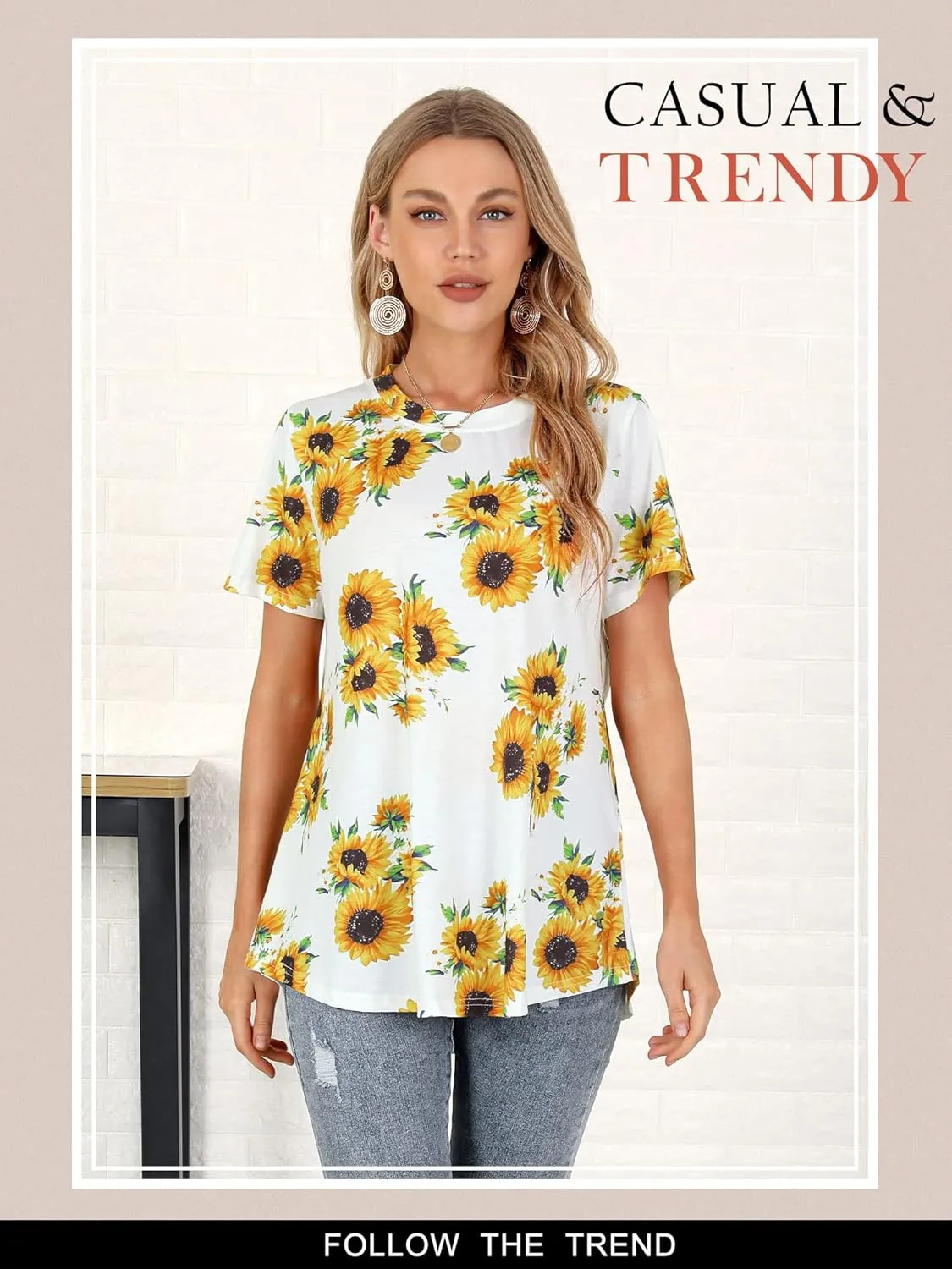 Ezcosplay Womens Round Neck Short Sleeve Tunics Floral Print Asymmetric Hem Shirt Tops