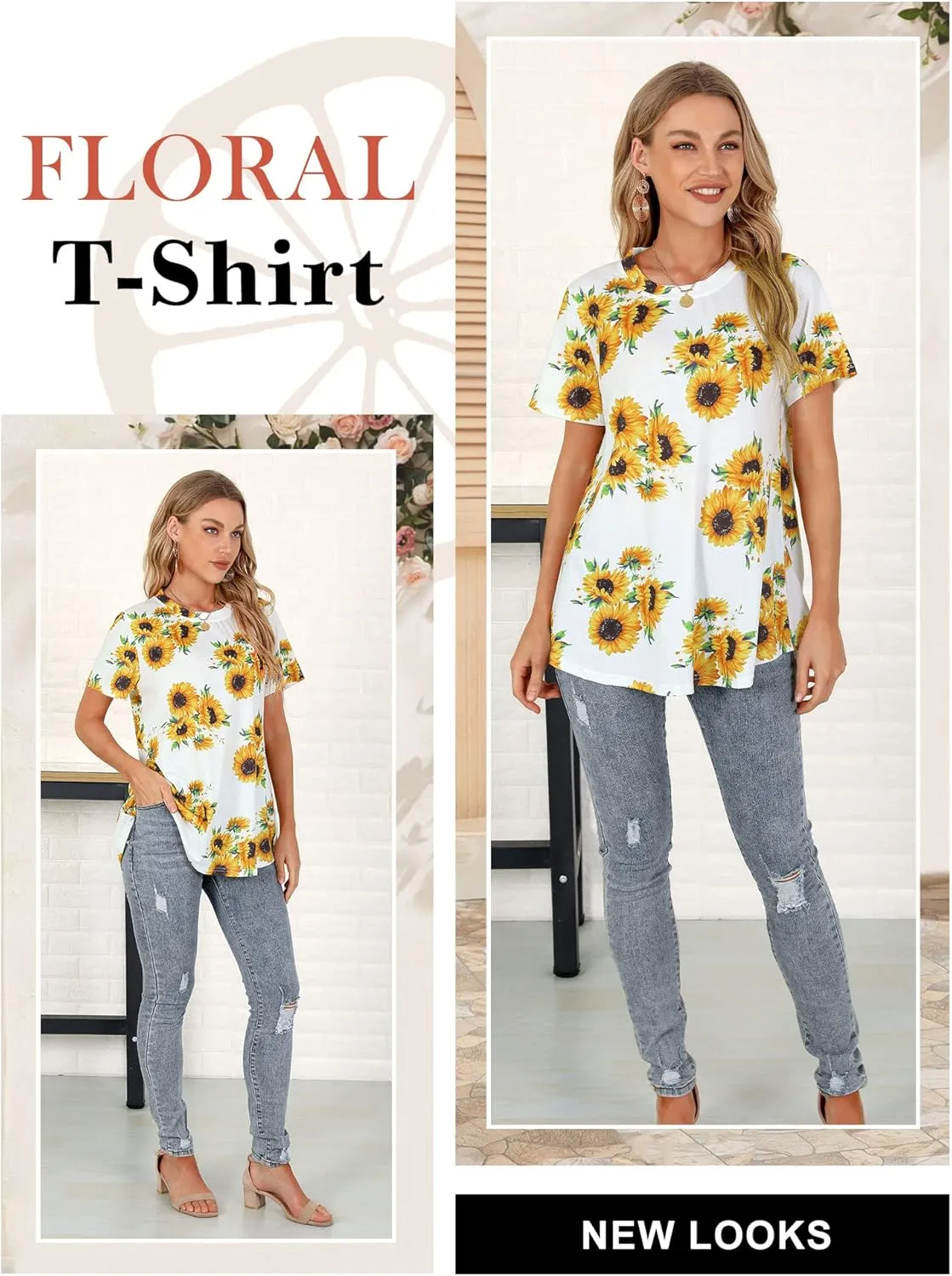 Ezcosplay Womens Round Neck Short Sleeve Tunics Floral Print Asymmetric Hem Shirt Tops