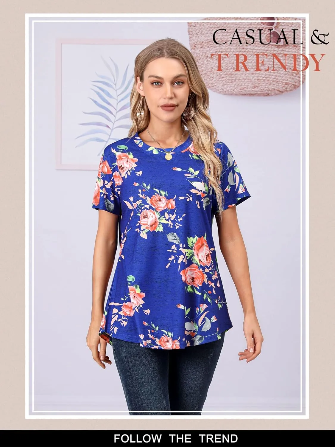 Ezcosplay Womens Round Neck Short Sleeve Tunics Floral Print Asymmetric Hem Shirt Tops
