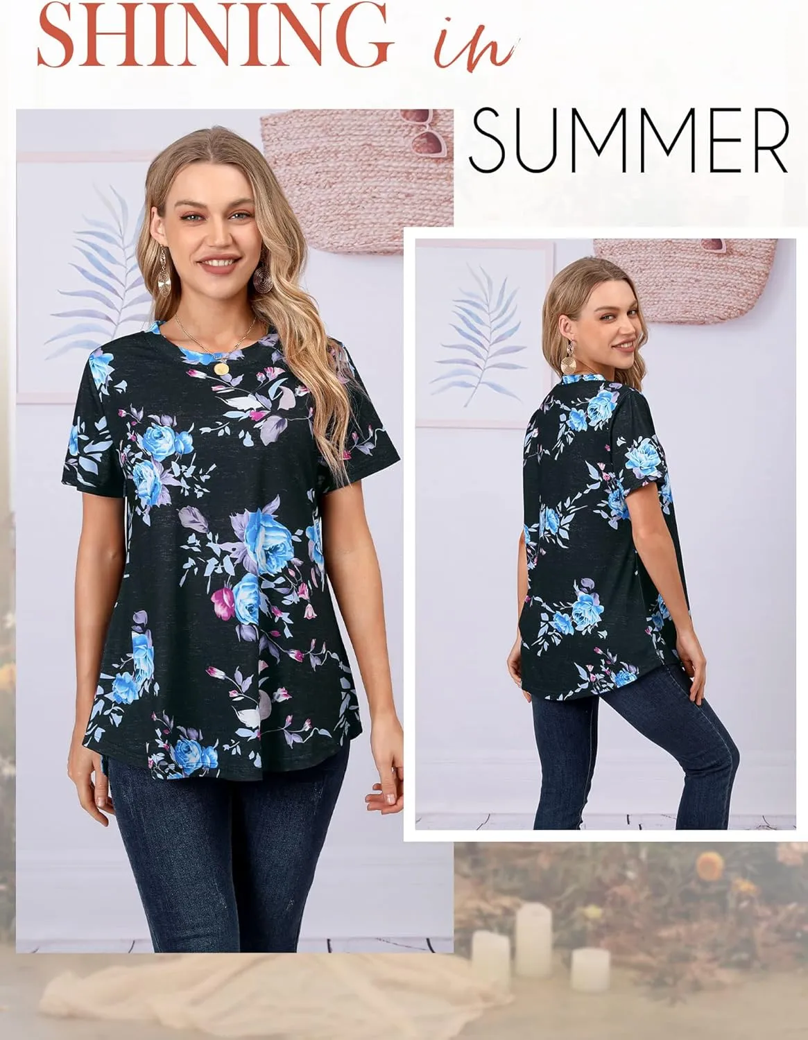 Ezcosplay Womens Round Neck Short Sleeve Tunics Floral Print Asymmetric Hem Shirt Tops