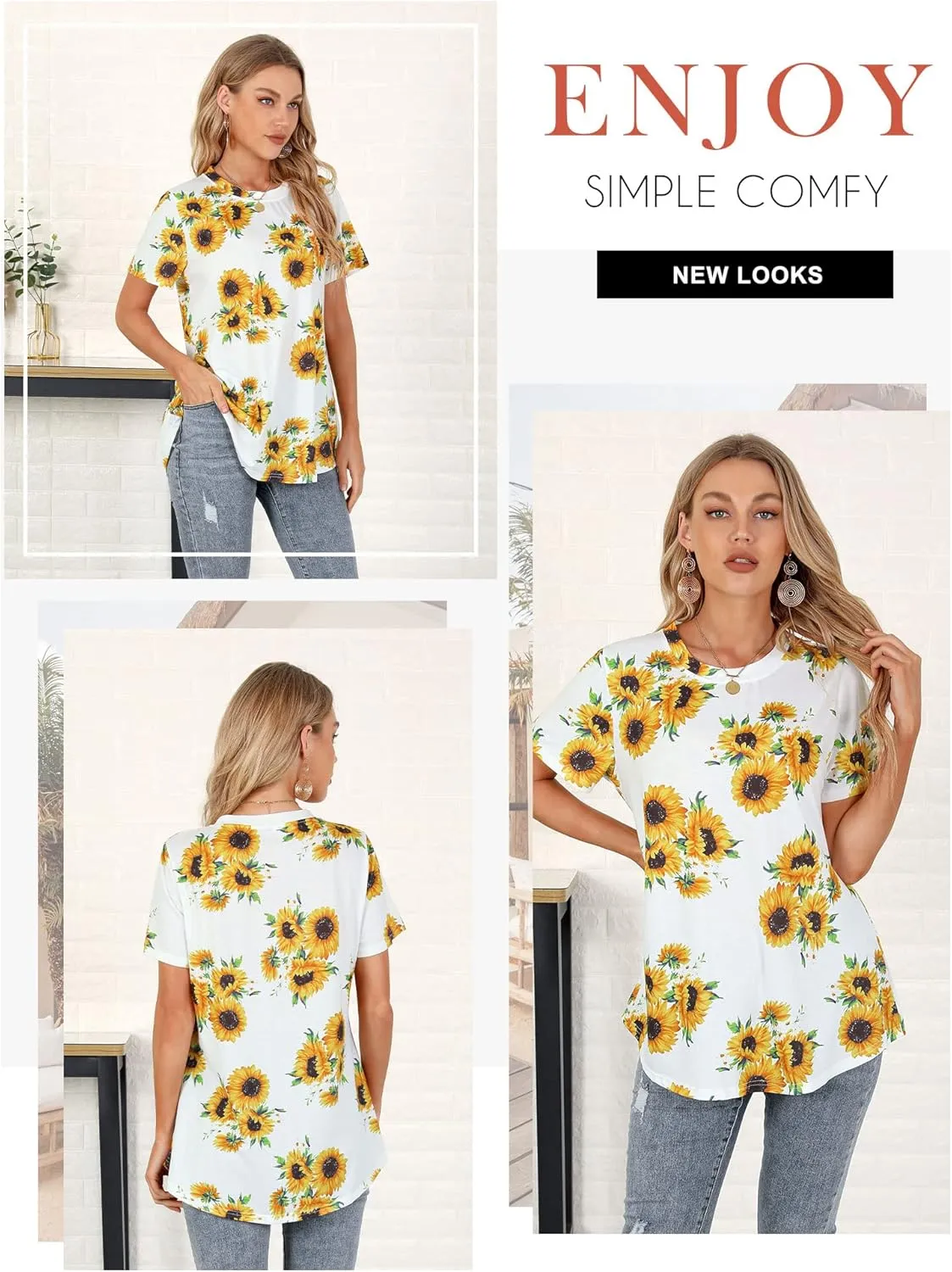 Ezcosplay Womens Round Neck Short Sleeve Tunics Floral Print Asymmetric Hem Shirt Tops