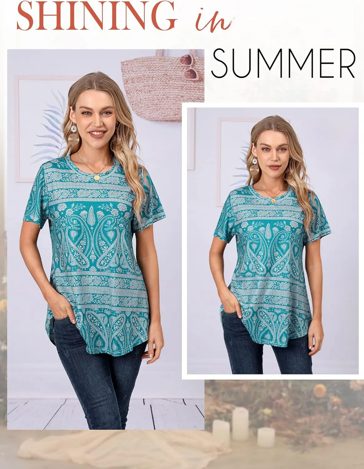 Ezcosplay Womens Round Neck Short Sleeve Tunics Floral Print Asymmetric Hem Shirt Tops