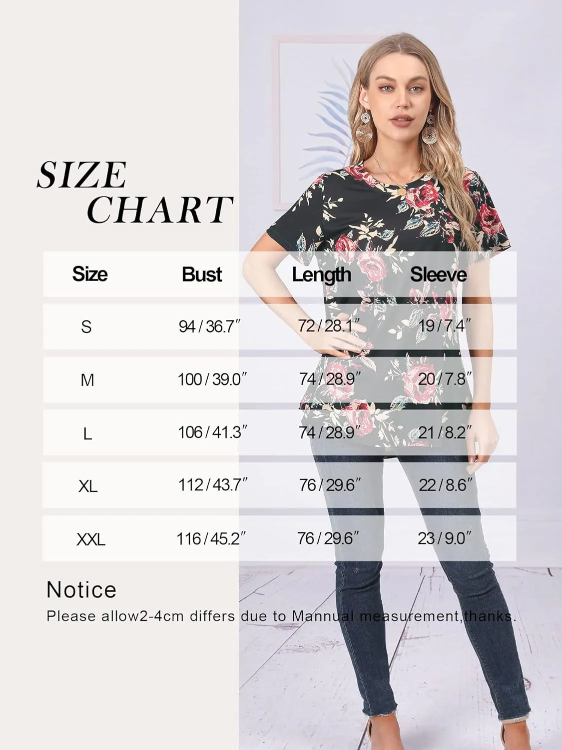 Ezcosplay Womens Round Neck Short Sleeve Tunics Floral Print Asymmetric Hem Shirt Tops