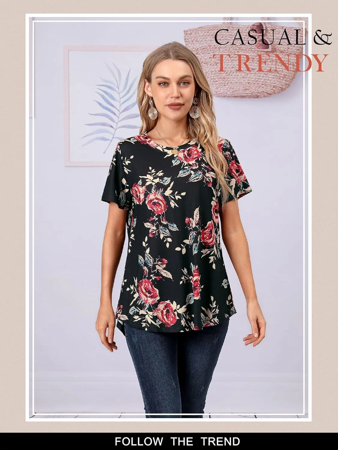 Ezcosplay Womens Round Neck Short Sleeve Tunics Floral Print Asymmetric Hem Shirt Tops