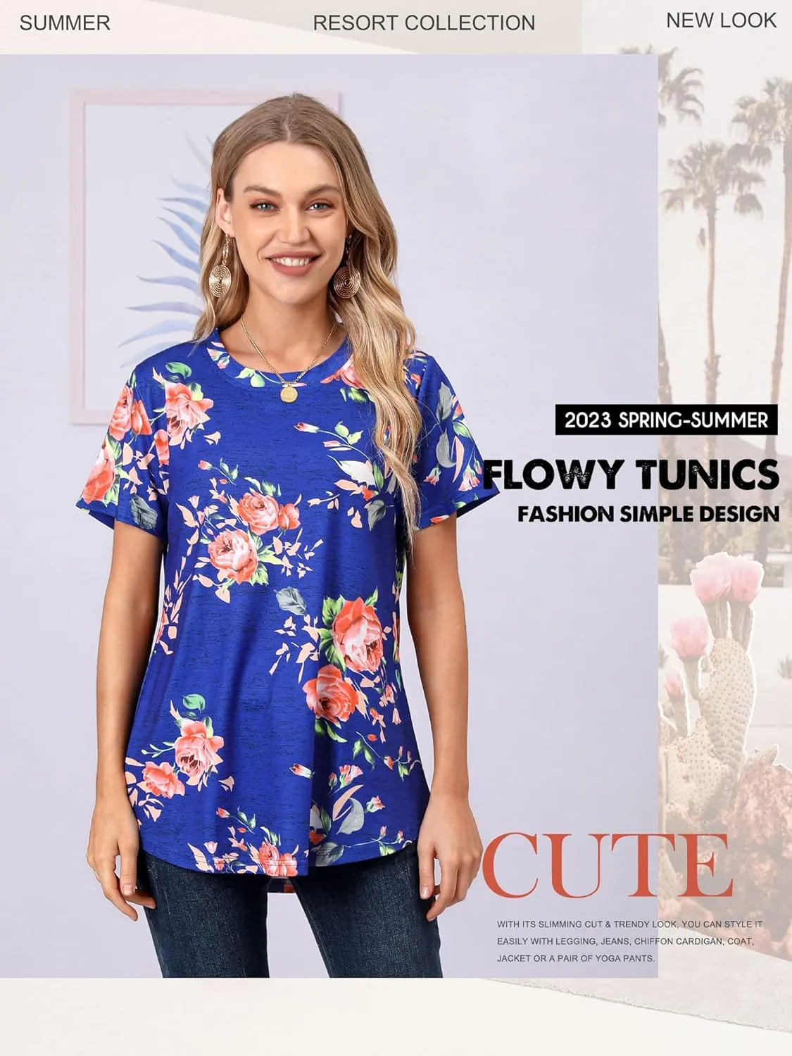 Ezcosplay Womens Round Neck Short Sleeve Tunics Floral Print Asymmetric Hem Shirt Tops
