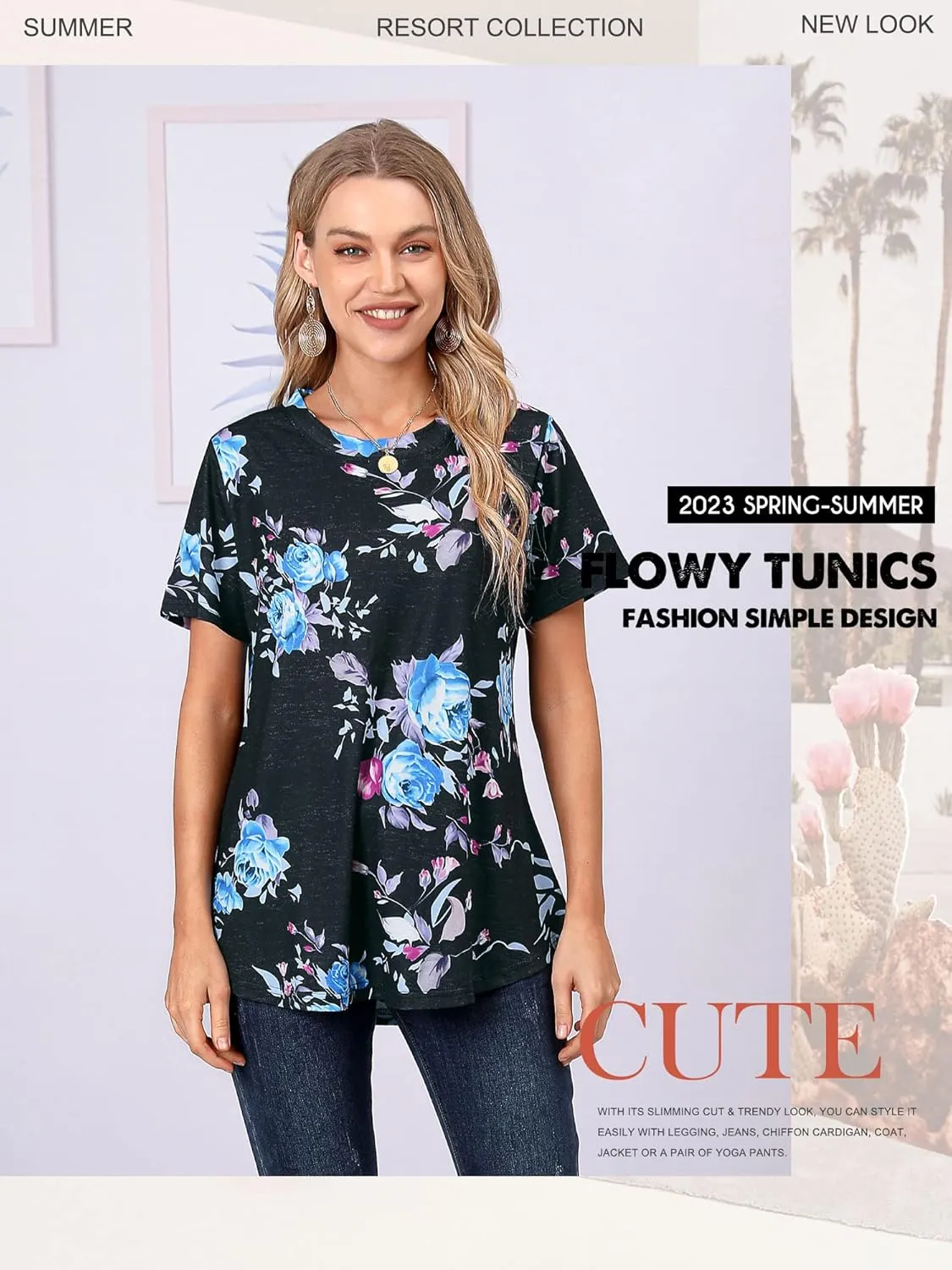 Ezcosplay Womens Round Neck Short Sleeve Tunics Floral Print Asymmetric Hem Shirt Tops