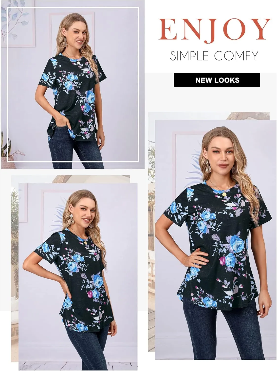 Ezcosplay Womens Round Neck Short Sleeve Tunics Floral Print Asymmetric Hem Shirt Tops