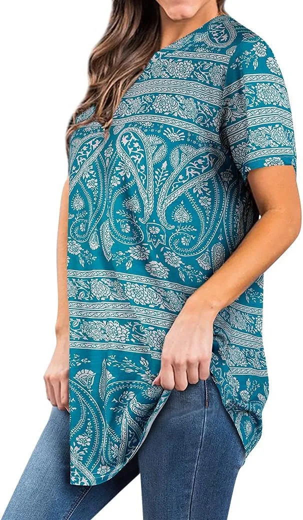 Ezcosplay Womens Round Neck Short Sleeve Tunics Floral Print Asymmetric Hem Shirt Tops