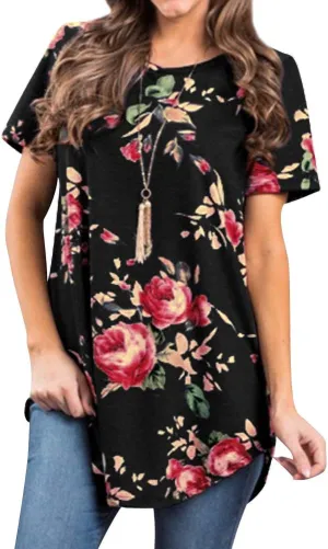 Ezcosplay Womens Round Neck Short Sleeve Tunics Floral Print Asymmetric Hem Shirt Tops
