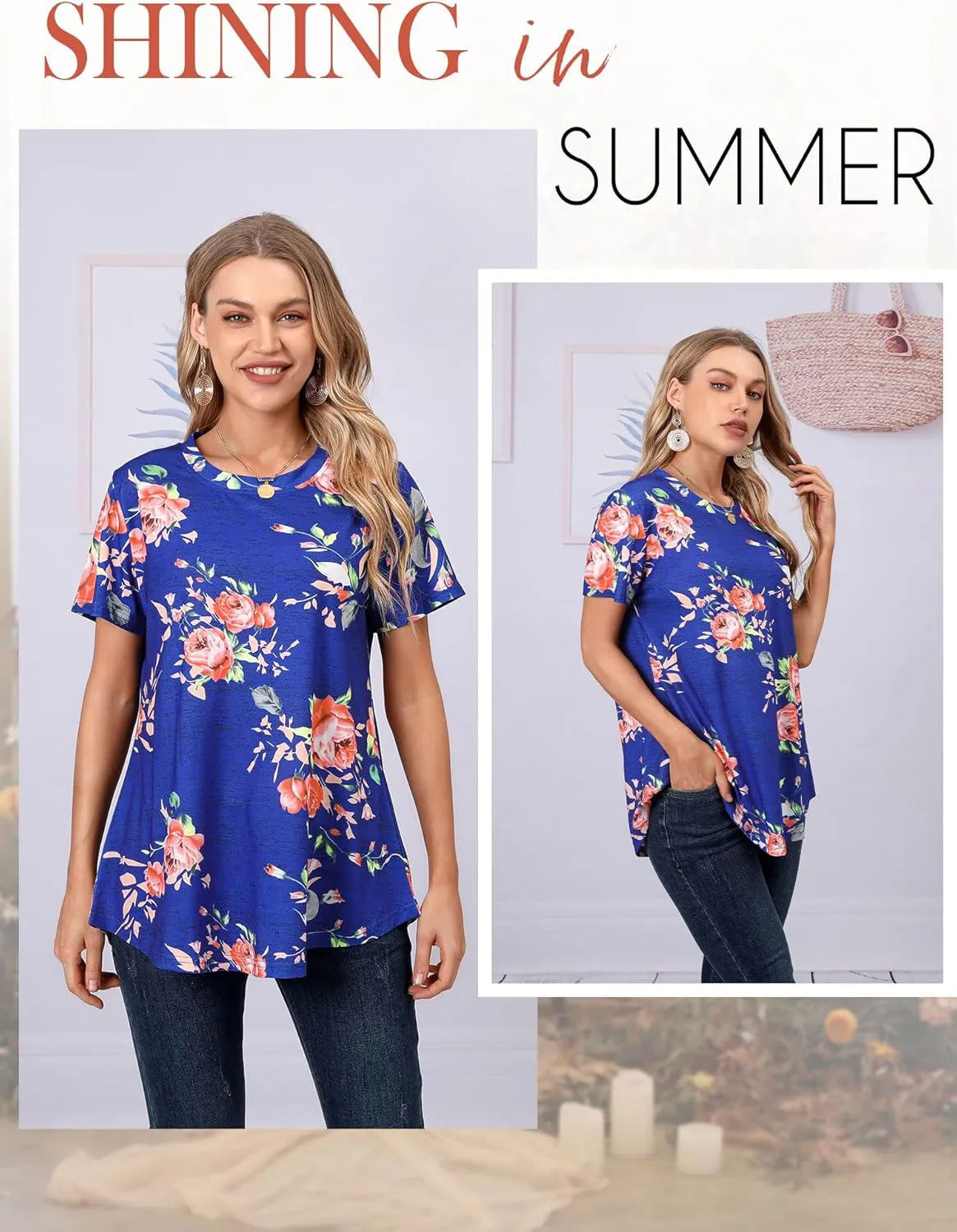Ezcosplay Womens Round Neck Short Sleeve Tunics Floral Print Asymmetric Hem Shirt Tops