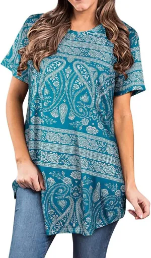 Ezcosplay Womens Round Neck Short Sleeve Tunics Floral Print Asymmetric Hem Shirt Tops