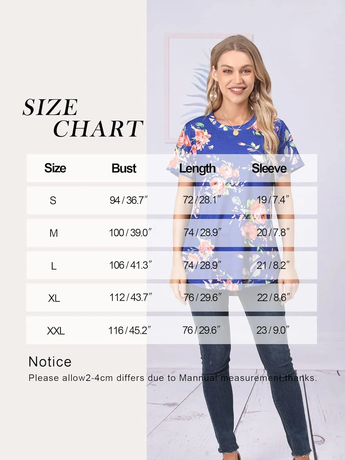 Ezcosplay Womens Round Neck Short Sleeve Tunics Floral Print Asymmetric Hem Shirt Tops