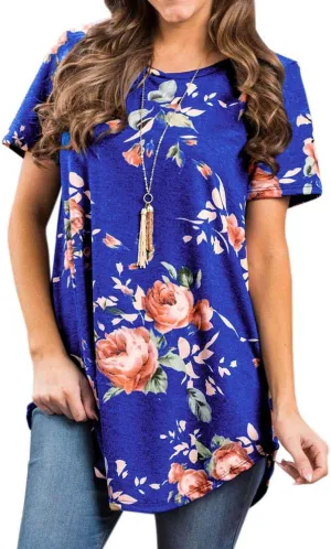 Ezcosplay Womens Round Neck Short Sleeve Tunics Floral Print Asymmetric Hem Shirt Tops