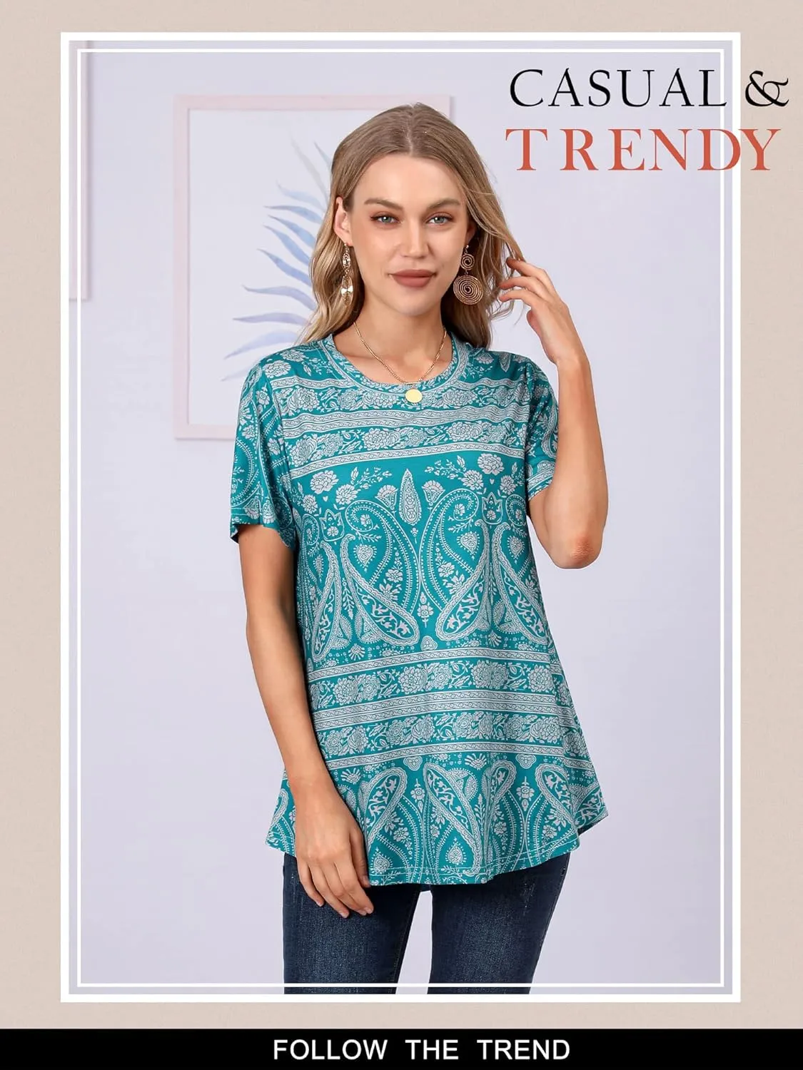 Ezcosplay Womens Round Neck Short Sleeve Tunics Floral Print Asymmetric Hem Shirt Tops