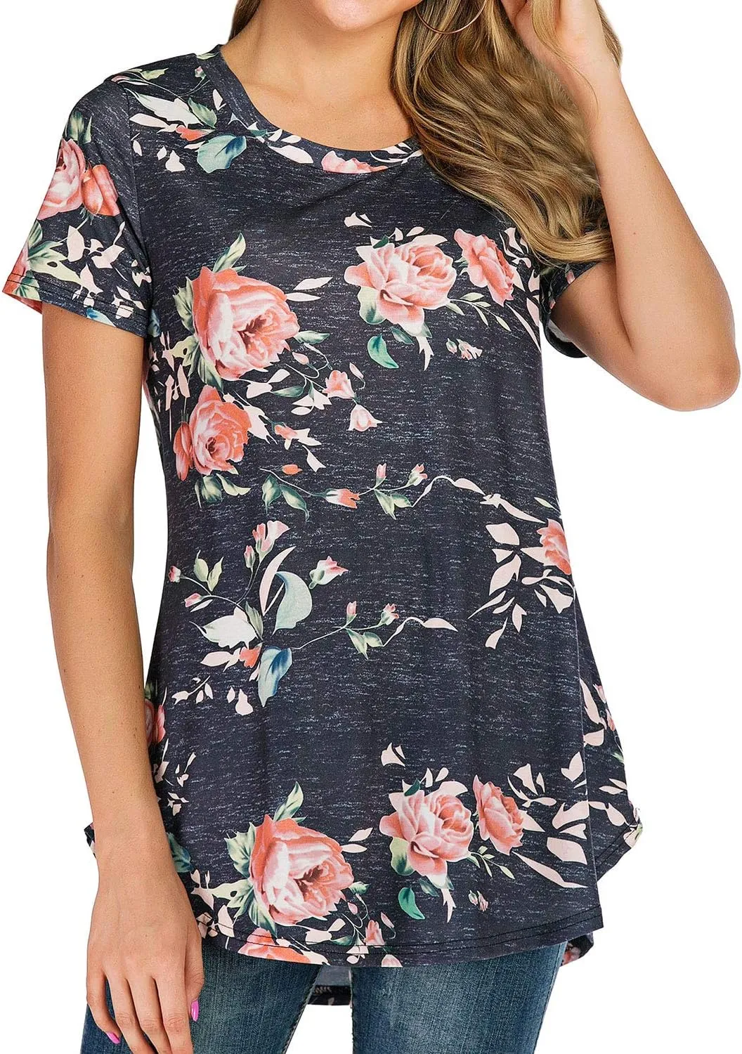 Ezcosplay Womens Round Neck Short Sleeve Tunics Floral Print Asymmetric Hem Shirt Tops