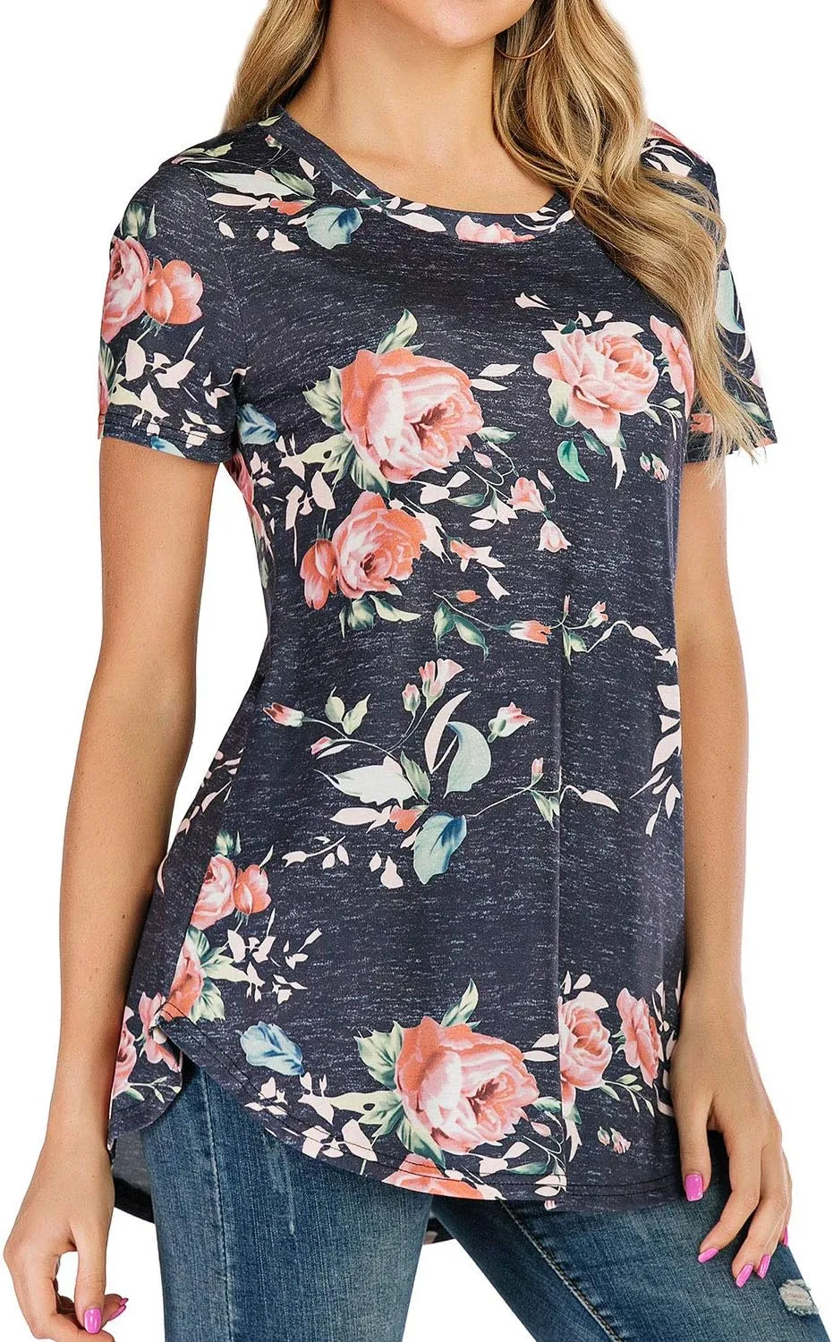 Ezcosplay Womens Round Neck Short Sleeve Tunics Floral Print Asymmetric Hem Shirt Tops