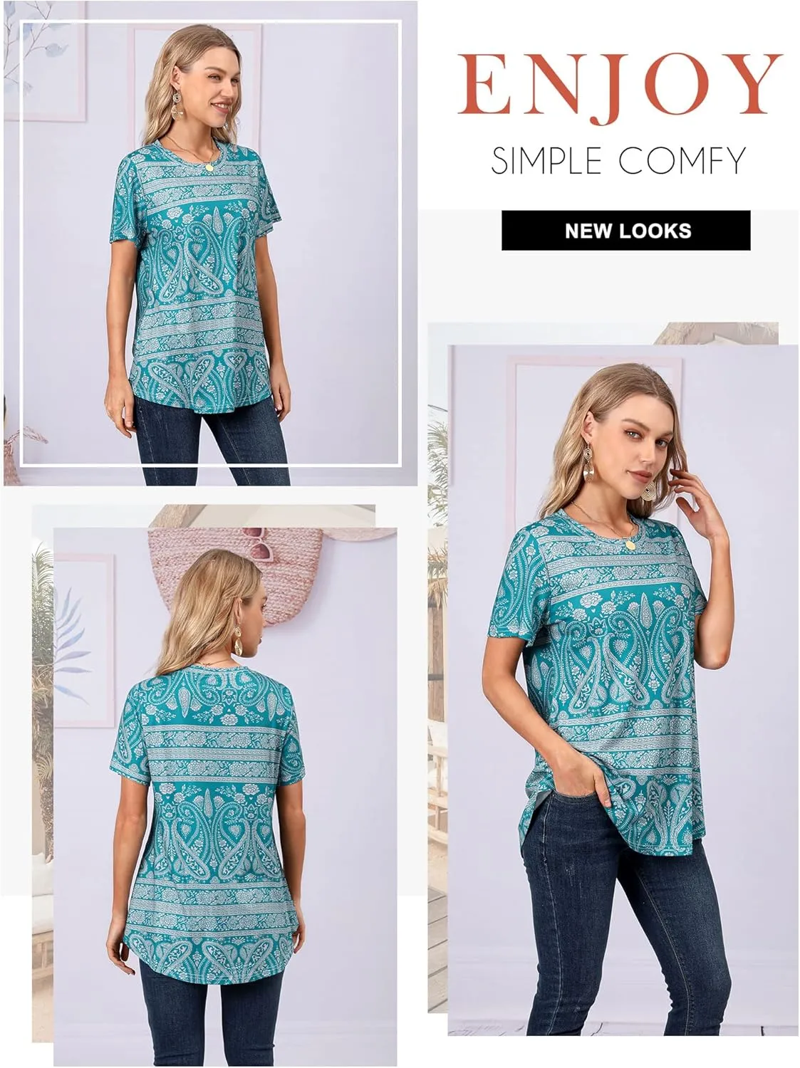 Ezcosplay Womens Round Neck Short Sleeve Tunics Floral Print Asymmetric Hem Shirt Tops