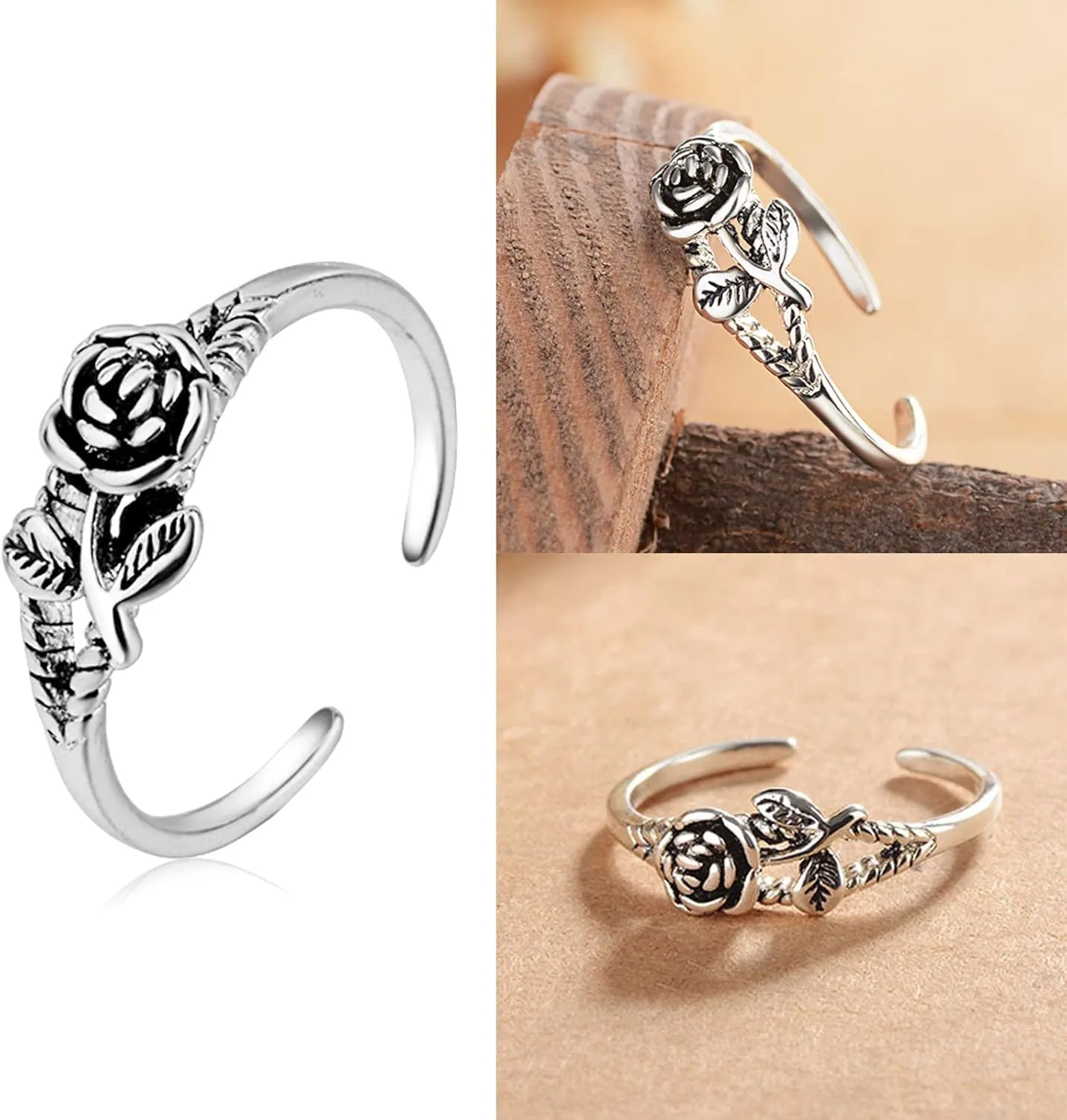 Fashion Jewelry Retro Silver Stereoscopic Rose Flower Open Adjustable Ring