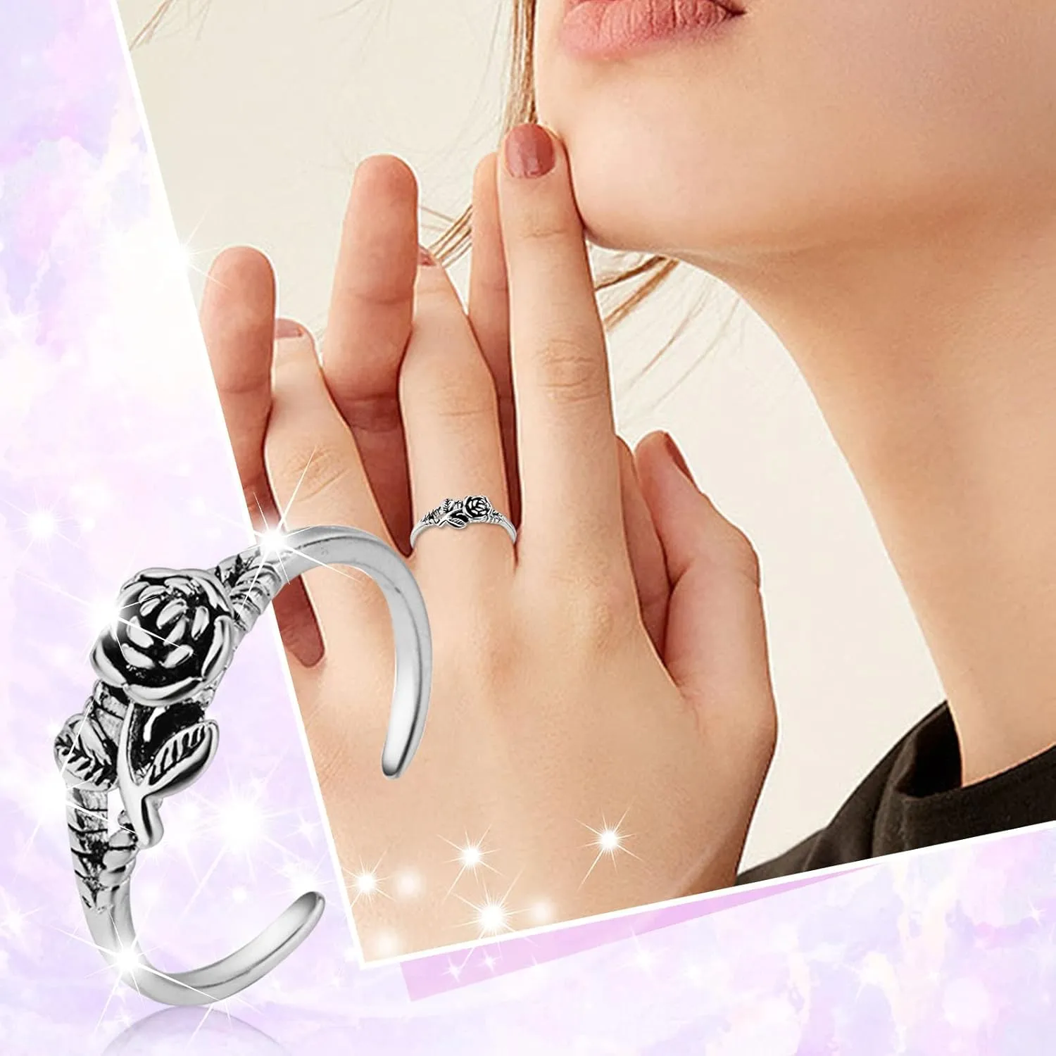 Fashion Jewelry Retro Silver Stereoscopic Rose Flower Open Adjustable Ring