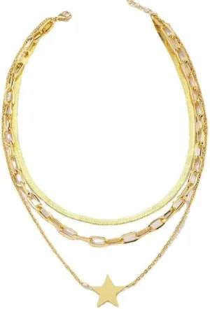Flat Blade Snake Chain Choker Necklaces Multi Layered Gold Color Star Pendant Necklaces Women Neck Jewelry Collier 010368
