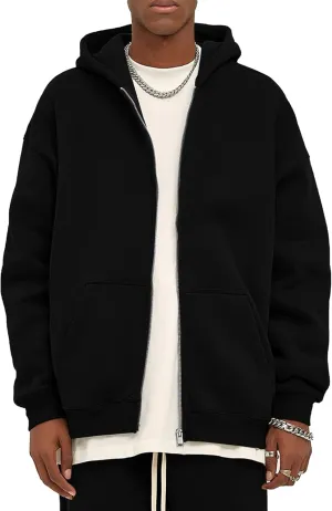 Flygo Mens Zip Up Hoodies Oversized Fleece Long Sleeve Drop Shoulder Hooded Sweatshirt Trendy Vintage Streetwear