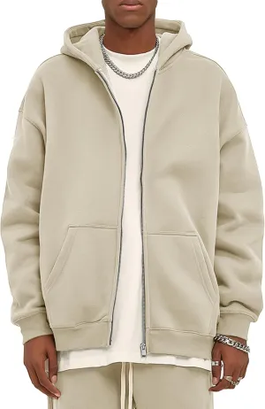 Flygo Mens Zip Up Hoodies Oversized Fleece Long Sleeve Drop Shoulder Hooded Sweatshirt Trendy Vintage Streetwear