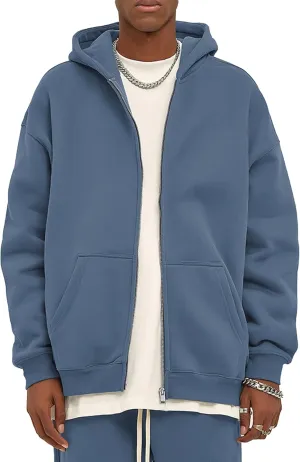 Flygo Mens Zip Up Hoodies Oversized Fleece Long Sleeve Drop Shoulder Hooded Sweatshirt Trendy Vintage Streetwear