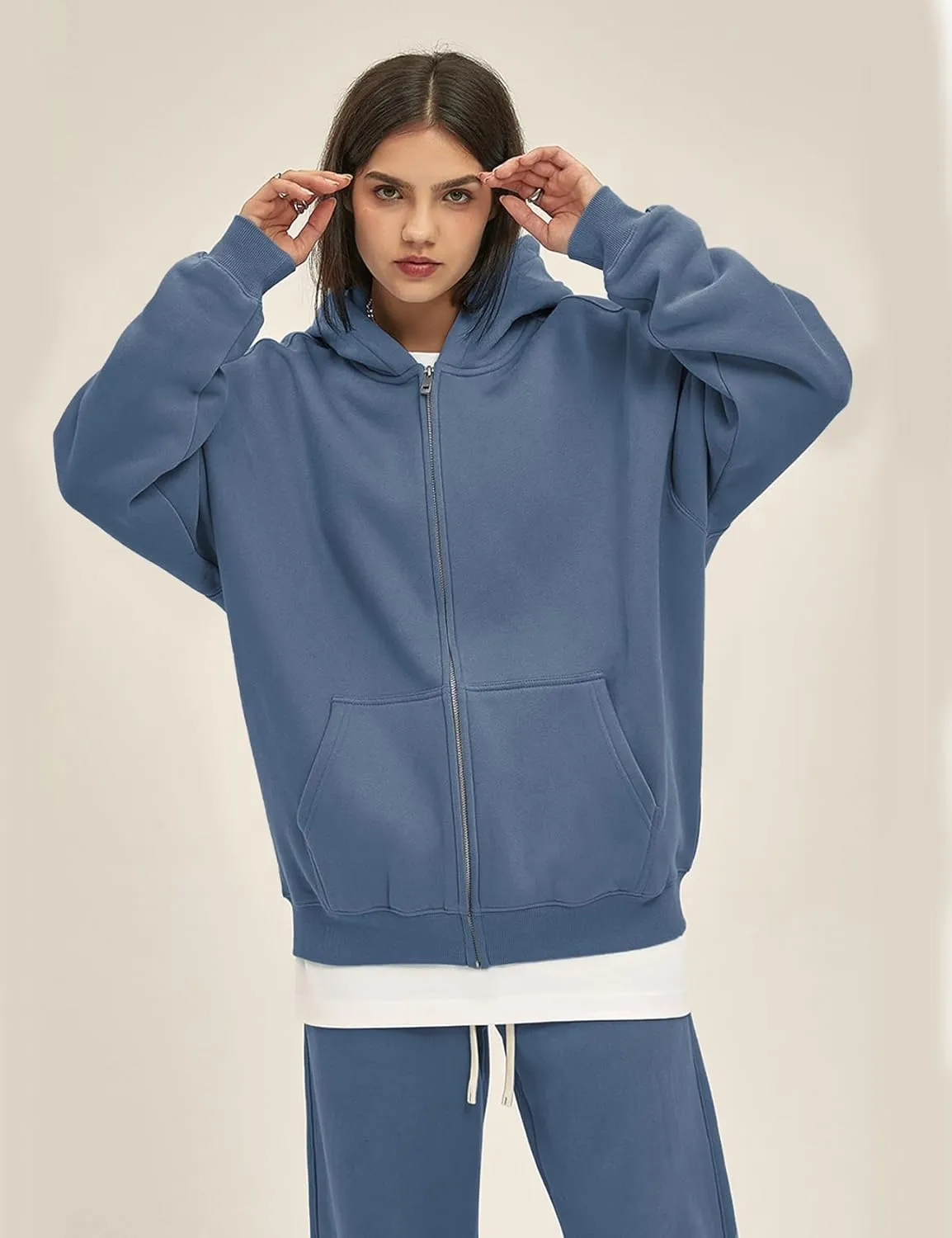 Flygo Mens Zip Up Hoodies Oversized Fleece Long Sleeve Drop Shoulder Hooded Sweatshirt Trendy Vintage Streetwear