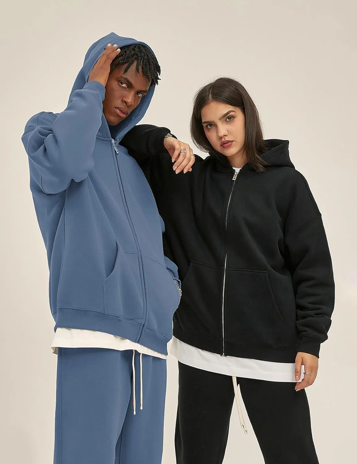 Flygo Mens Zip Up Hoodies Oversized Fleece Long Sleeve Drop Shoulder Hooded Sweatshirt Trendy Vintage Streetwear