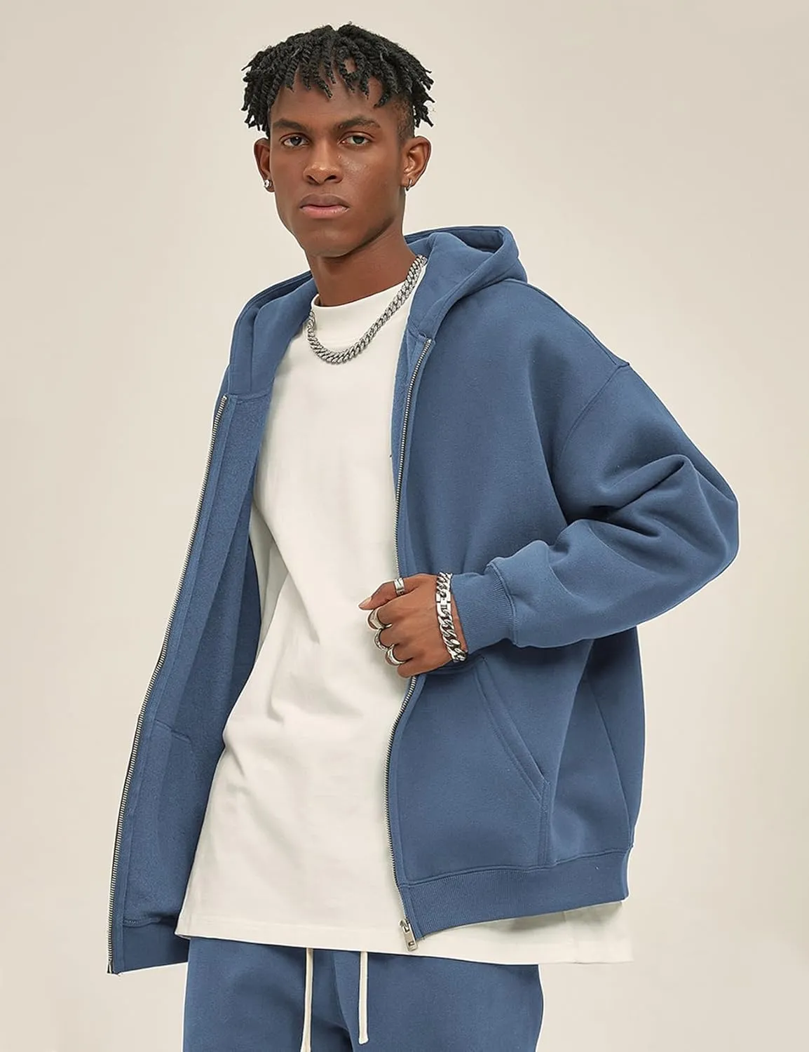 Flygo Mens Zip Up Hoodies Oversized Fleece Long Sleeve Drop Shoulder Hooded Sweatshirt Trendy Vintage Streetwear