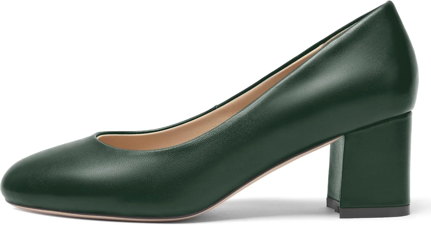 FOGEENA Womens Casual Matte Leather Round Toe Office Comfortable Slip On Chunky Low Heel Pumps Dressy Shoes 2.2 Inch