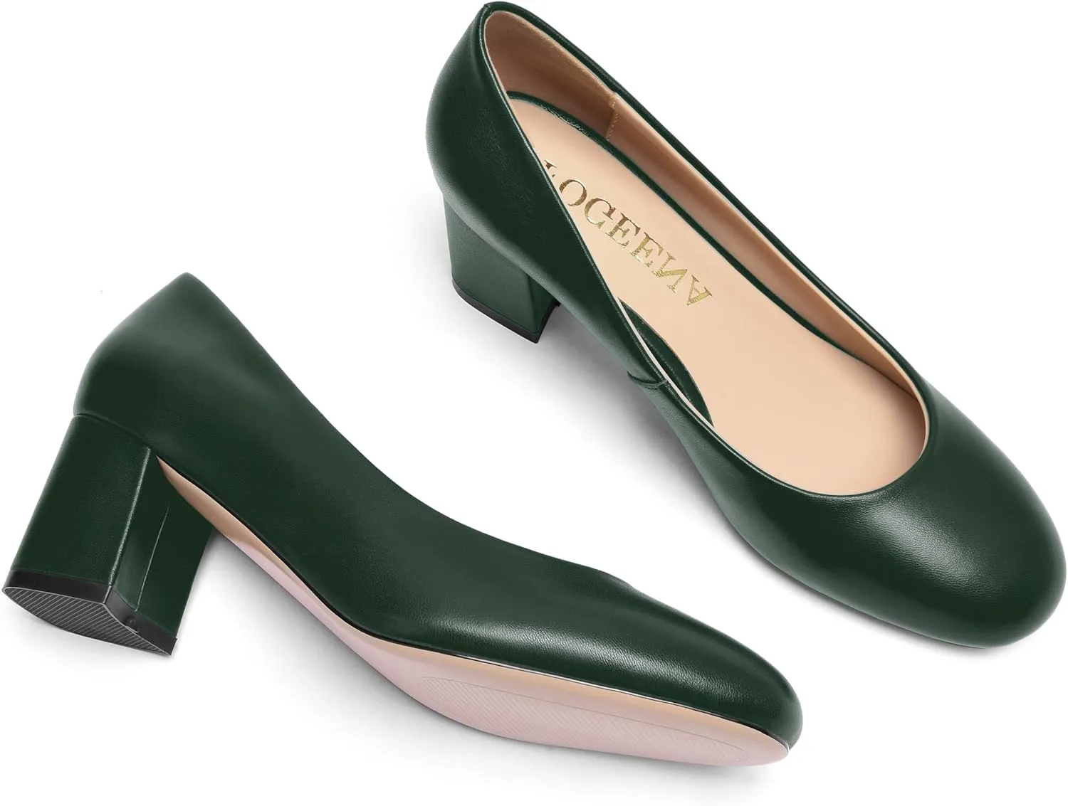 FOGEENA Womens Casual Matte Leather Round Toe Office Comfortable Slip On Chunky Low Heel Pumps Dressy Shoes 2.2 Inch
