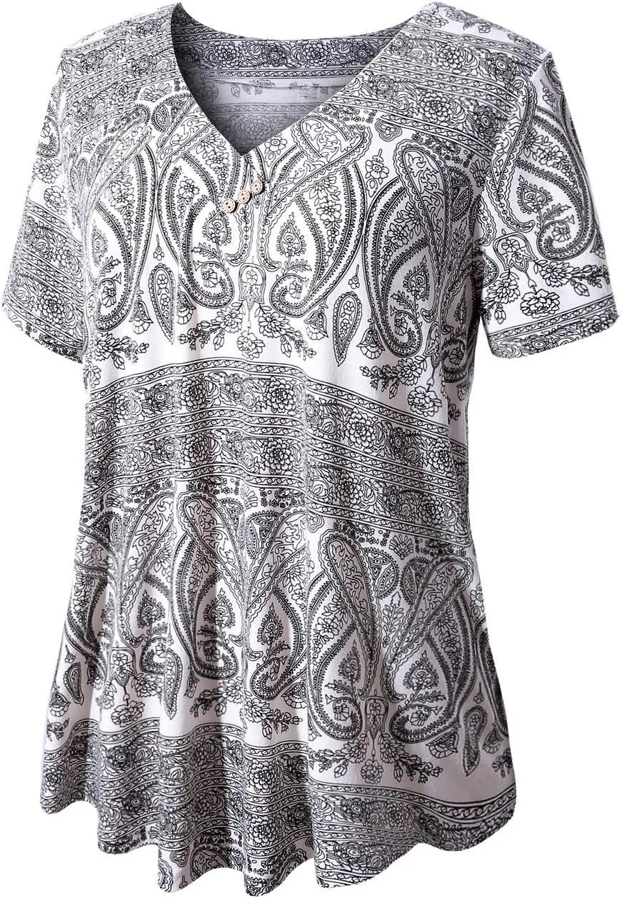 FOLUNSI Womens Plus Size Short Sleeve Henley Shirt V Neck Floral Blouses Tunic Tops M-4XL