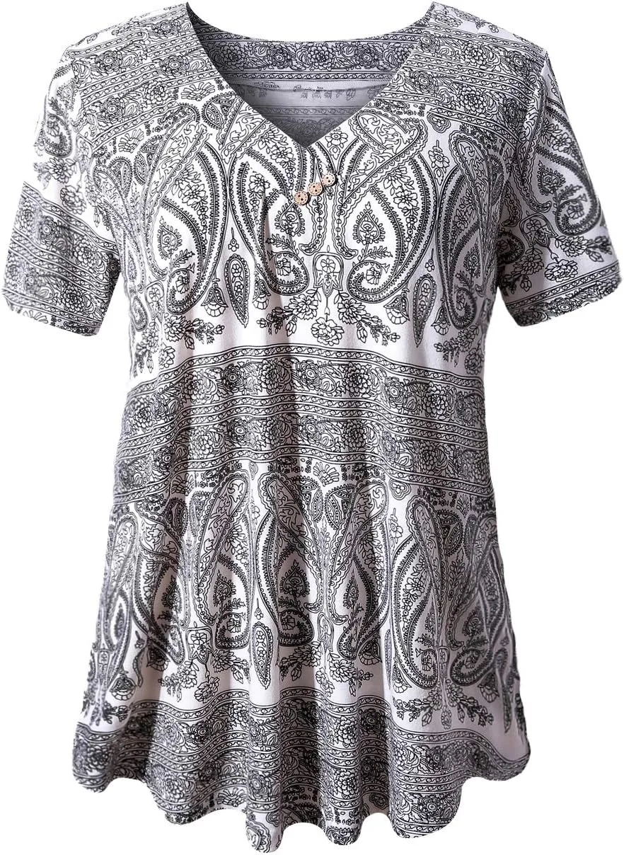FOLUNSI Womens Plus Size Short Sleeve Henley Shirt V Neck Floral Blouses Tunic Tops M-4XL