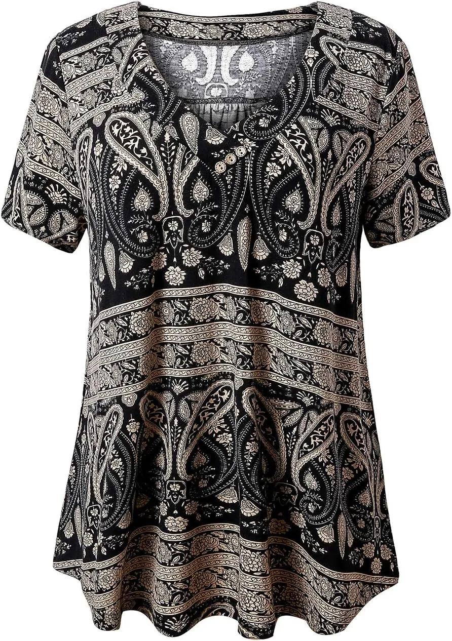 FOLUNSI Womens Plus Size Short Sleeve Henley Shirt V Neck Floral Blouses Tunic Tops M-4XL