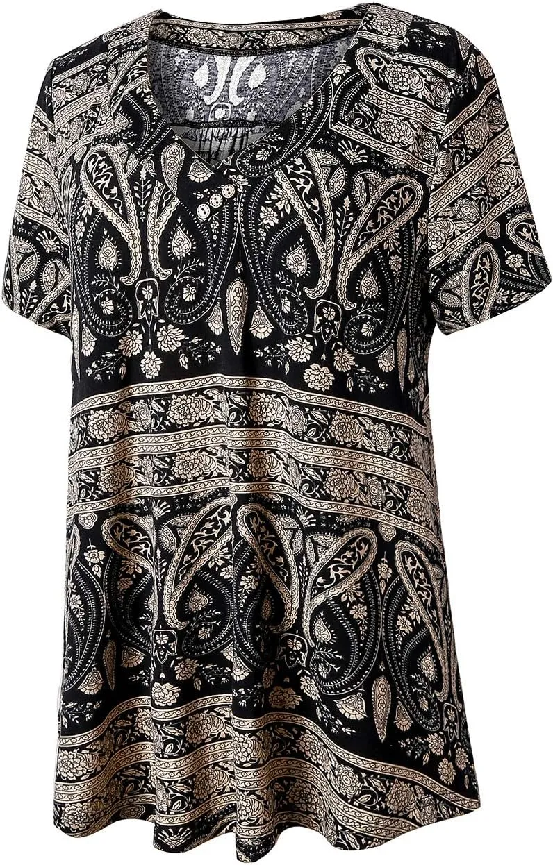 FOLUNSI Womens Plus Size Short Sleeve Henley Shirt V Neck Floral Blouses Tunic Tops M-4XL
