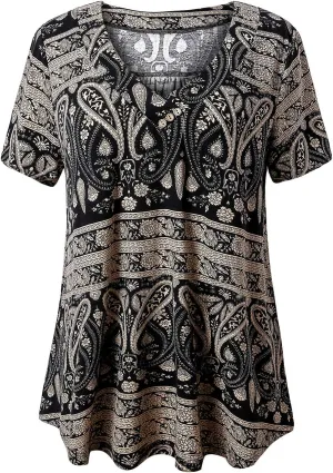 FOLUNSI Womens Plus Size Short Sleeve Henley Shirt V Neck Floral Blouses Tunic Tops M-4XL