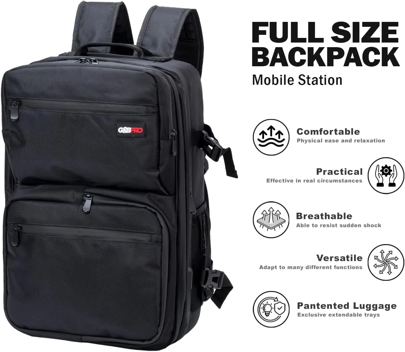 G&BPRO Full Size Backpack with Extending Tray System | All-in-one Mobile Workstation Travel Bag (Black)