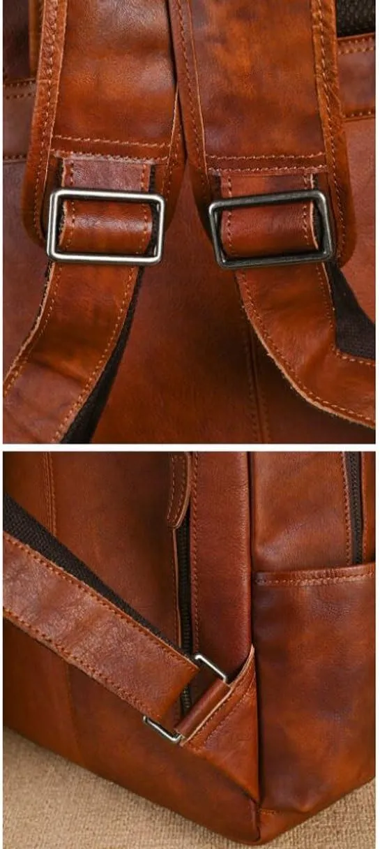 Genuine Leather Backpacks Mens Laptop Bags Briefcases Travel Bags Casual Daypack Computers Bags Bookbags(Brown-2)