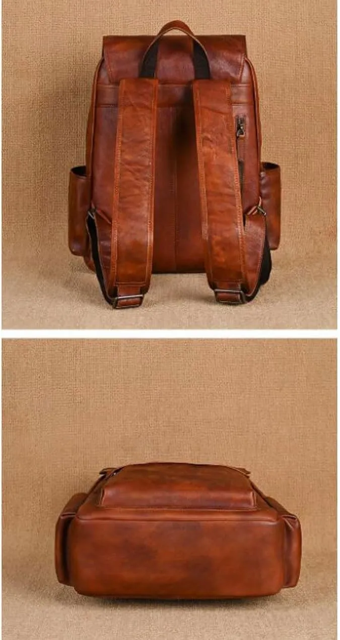 Genuine Leather Backpacks Mens Laptop Bags Briefcases Travel Bags Casual Daypack Computers Bags Bookbags(Brown-2)