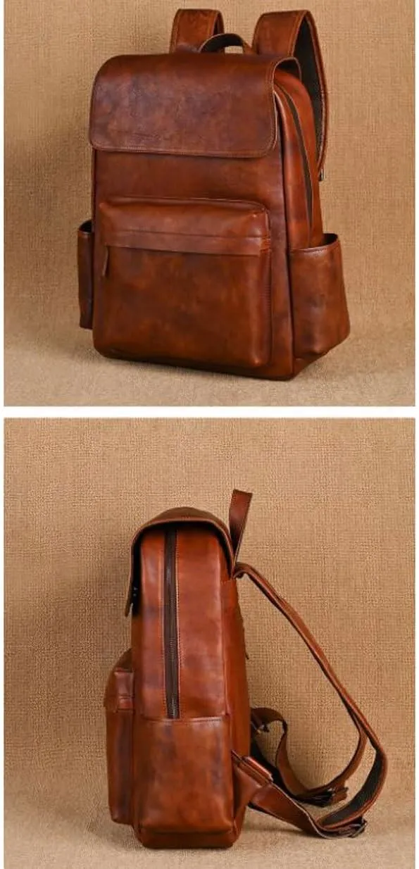 Genuine Leather Backpacks Mens Laptop Bags Briefcases Travel Bags Casual Daypack Computers Bags Bookbags(Brown-2)
