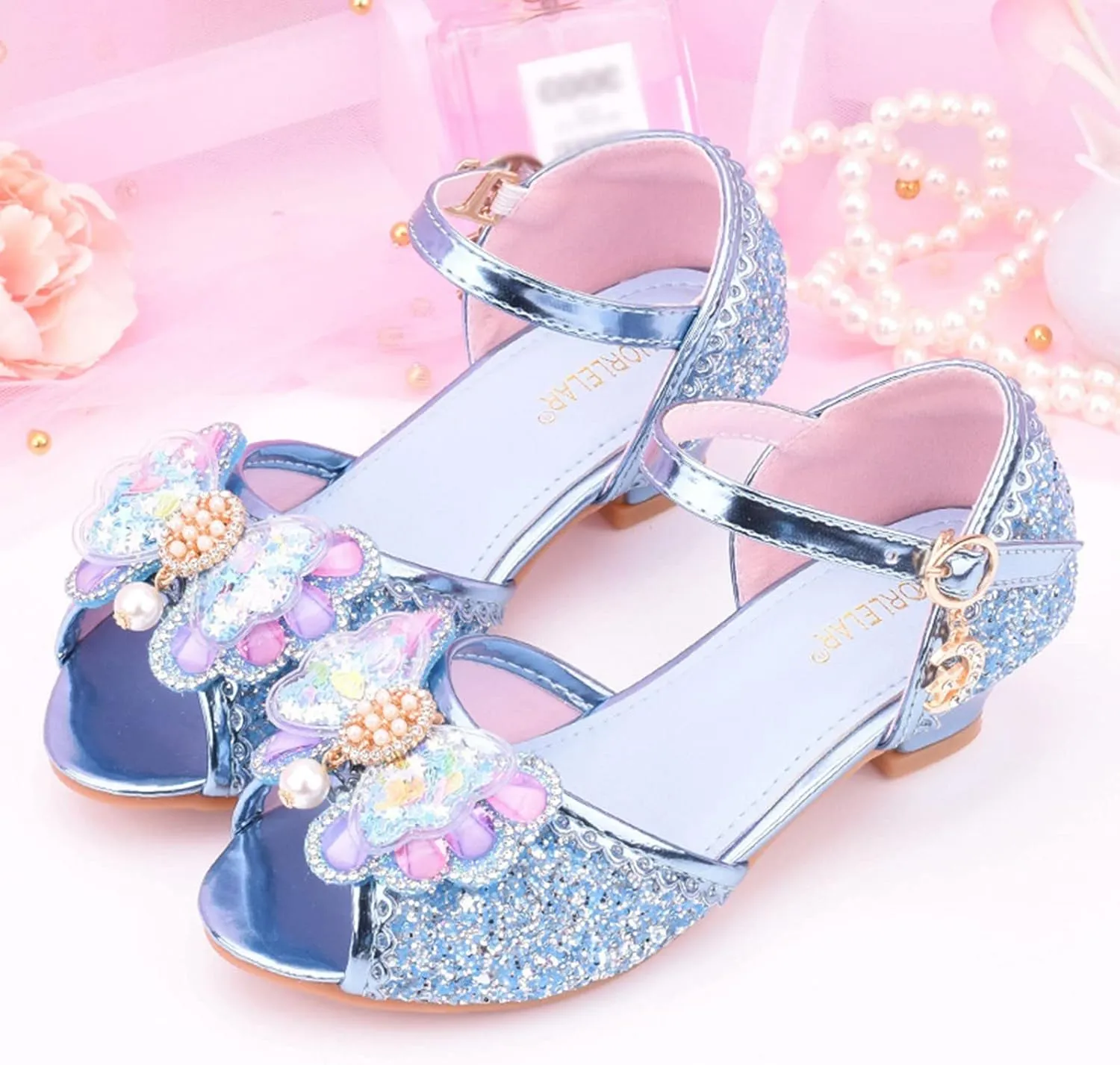 Girls Glitter Sandals Low Heels Shiny Dress Shoes with Bow Party Wedding Flower Girl Shoe for Toddler Baby