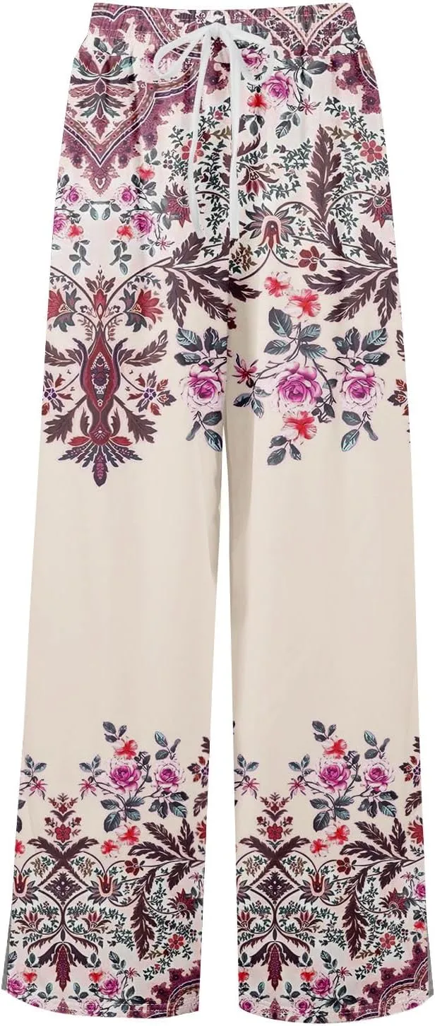 GOFULY Wide Leg Pants Woman Summer High Waisted Beach Ethnic FloralPrint Pants Pockets Drawstring Elastic Waist 2025 Clothes