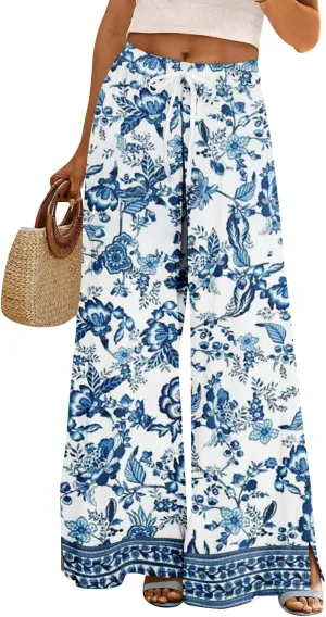 GOFULY Wide Leg Pants Woman Summer High Waisted Beach Ethnic FloralPrint Pants Pockets Drawstring Elastic Waist 2025 Clothes