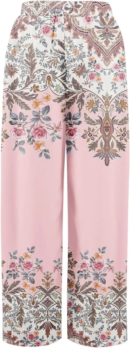 GOFULY Wide Leg Pants Woman Summer High Waisted Beach Ethnic FloralPrint Pants Pockets Drawstring Elastic Waist 2025 Clothes